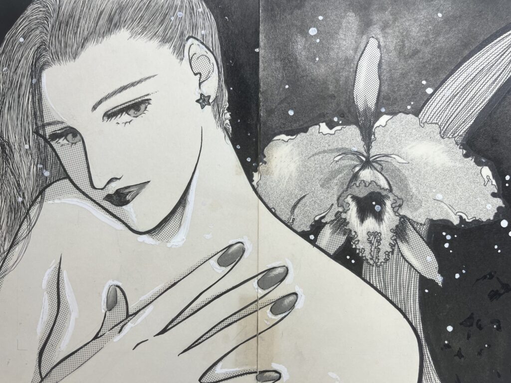 女性とカトレアの花の絵。修正前のペン画原稿