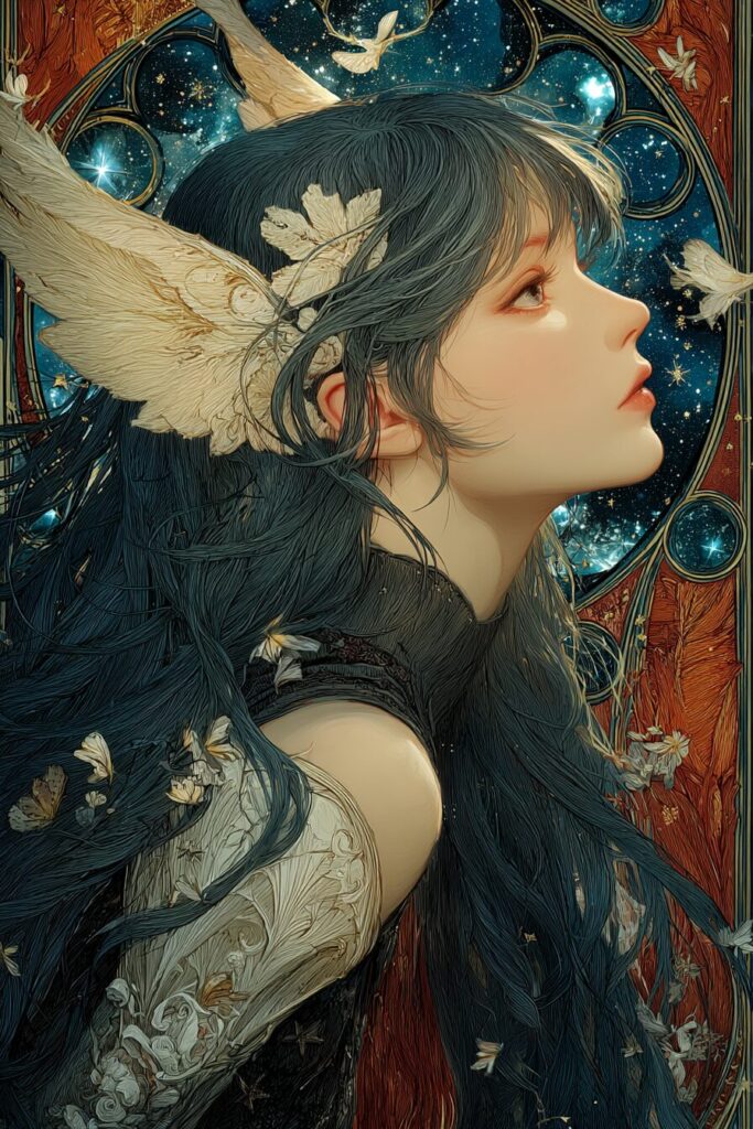 黒髪の頭に羽をつけた美しい女性の横顔。