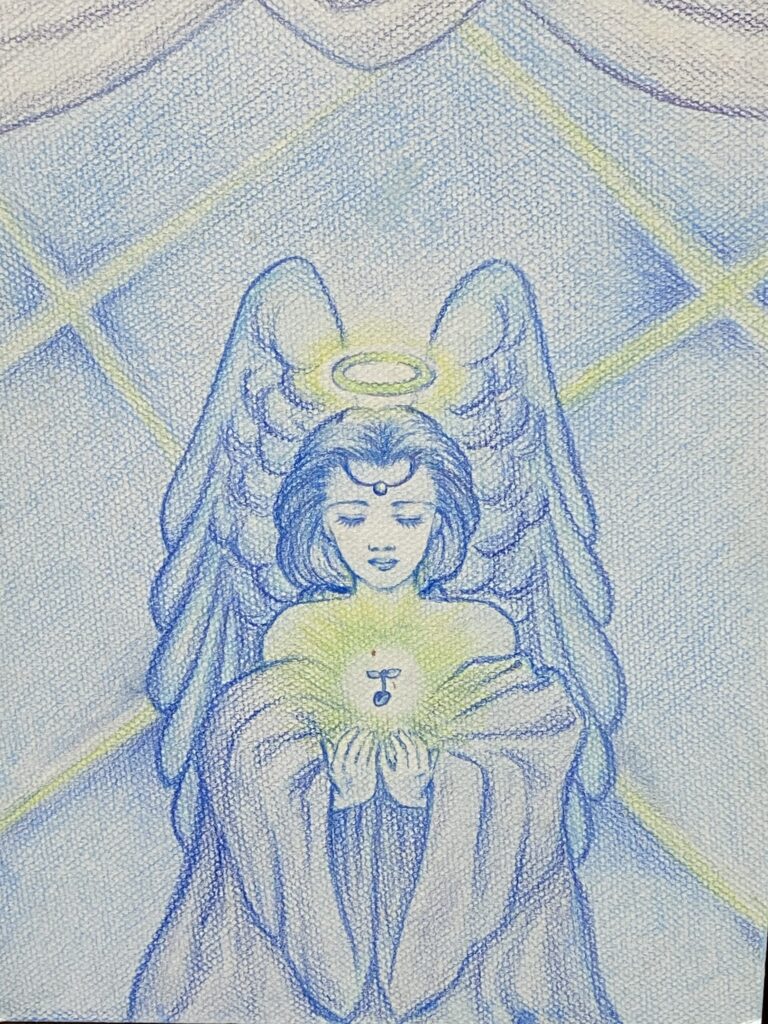 青色の鉛筆で書かれた木の芽を両手で包みこんでいる天使。