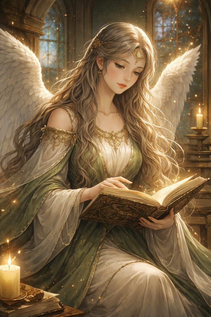 背中から羽の生えた金髪の天使が本を読んでいる姿。