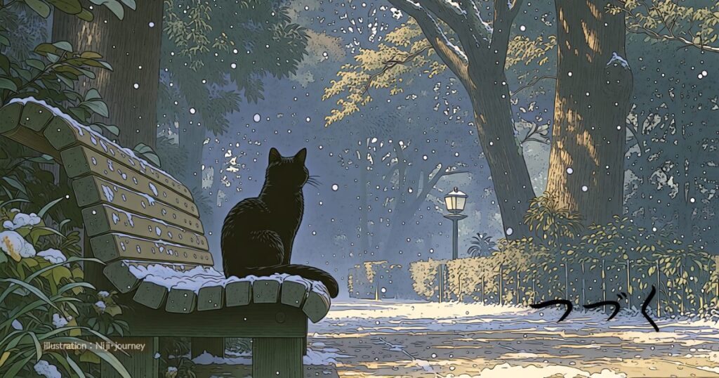 公園のベンチに座っている黒猫の後ろ姿と「つづく」の文字