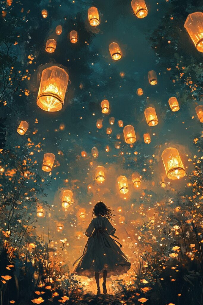 ランタンが空中を飛んでいる様子を見上げる少女のイラスト