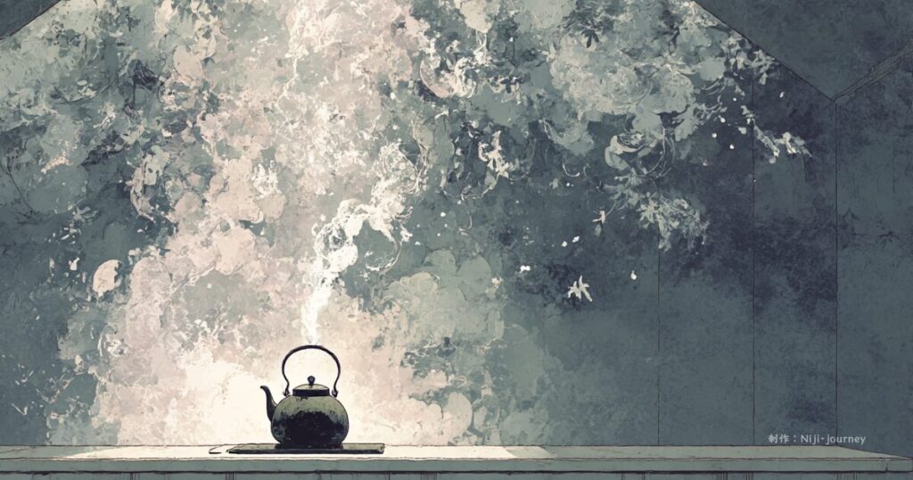 湯気に囲まれたやかんの象徴イラスト