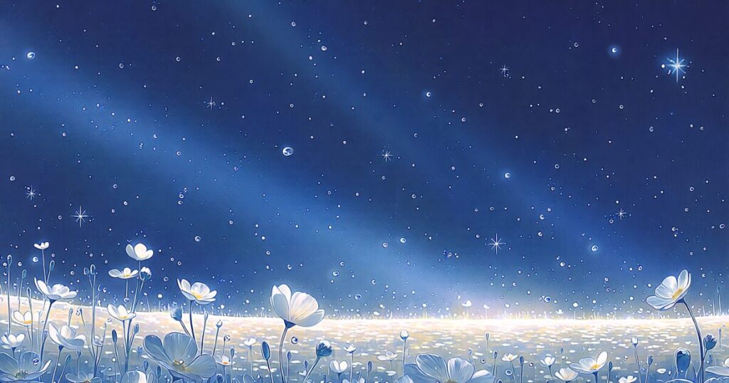 星空の下に広がる白い花畑イラスト