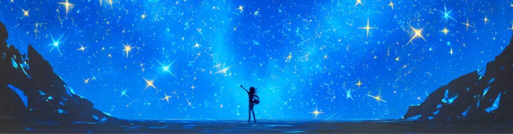 青い空に星が輝き小さな人物が手を伸ばしているイラスト