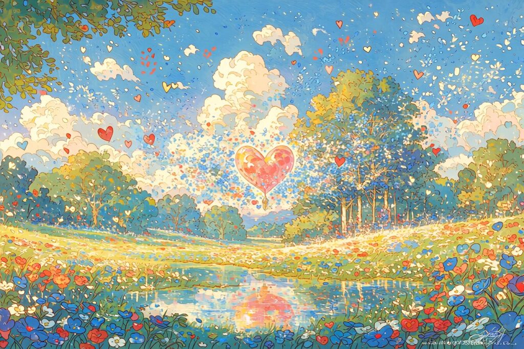 草原に浮かぶハートの気球の挿絵