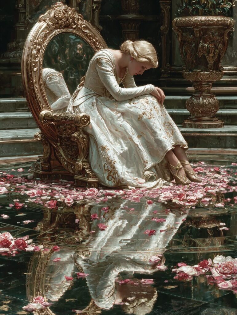 鏡の前に座る眠れる姫と、その水面に映る姿。現実と夢の境界を描いた幻想的な詩のイメージ。