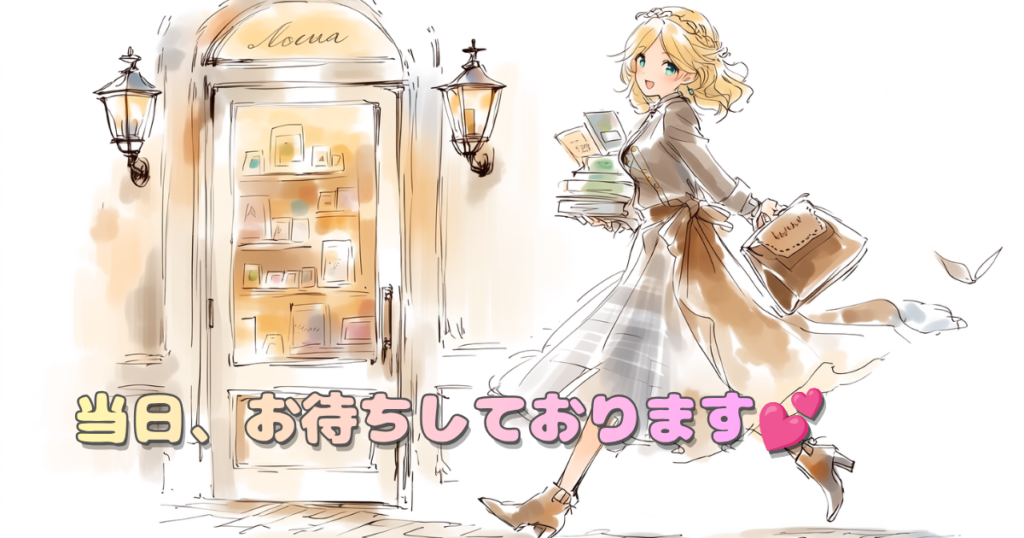本とカバンを持った女性がイベント会場の扉の前にいる姿。「当日、お待ちしております」の文字